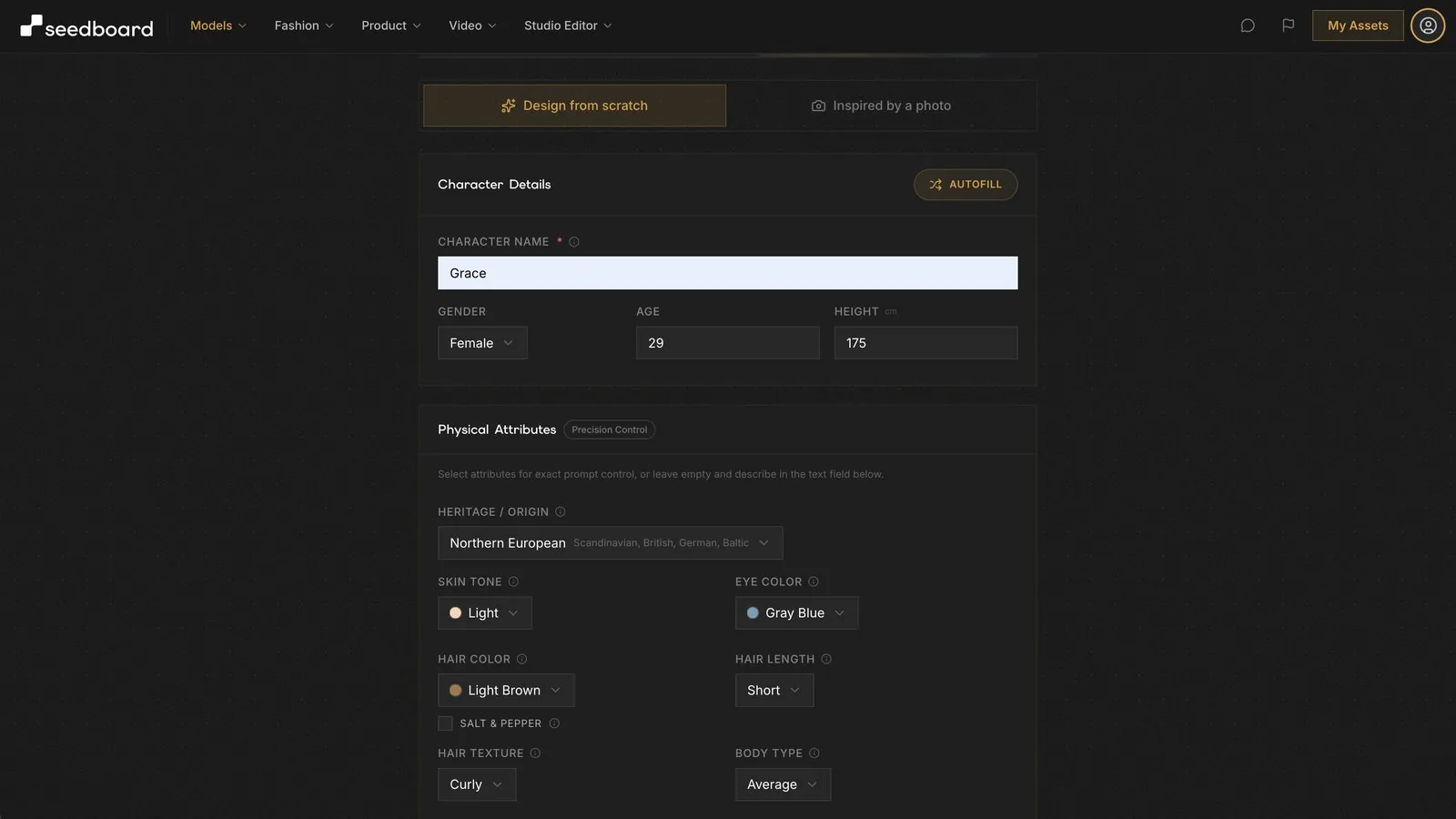 Schermata di Seedboard per creare una modella AI scegliendo i tratti
