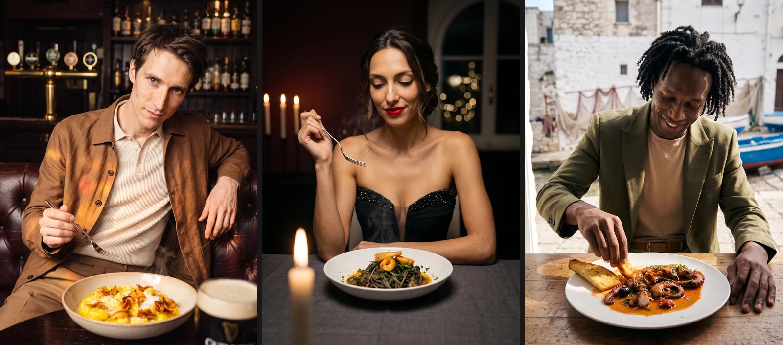 Tre modelli AI a tavola fotografati con Seedboard: un uomo con un piatto di gnocchi in un pub, una donna con gli spaghetti al nero a lume di candela e un uomo con il polpo in un porto