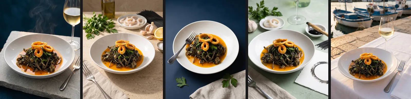 Lo stesso piatto di spaghetti al nero fotografato da Seedboard in cinque set diversi, da un piano di pietra a un tavolo sul porto