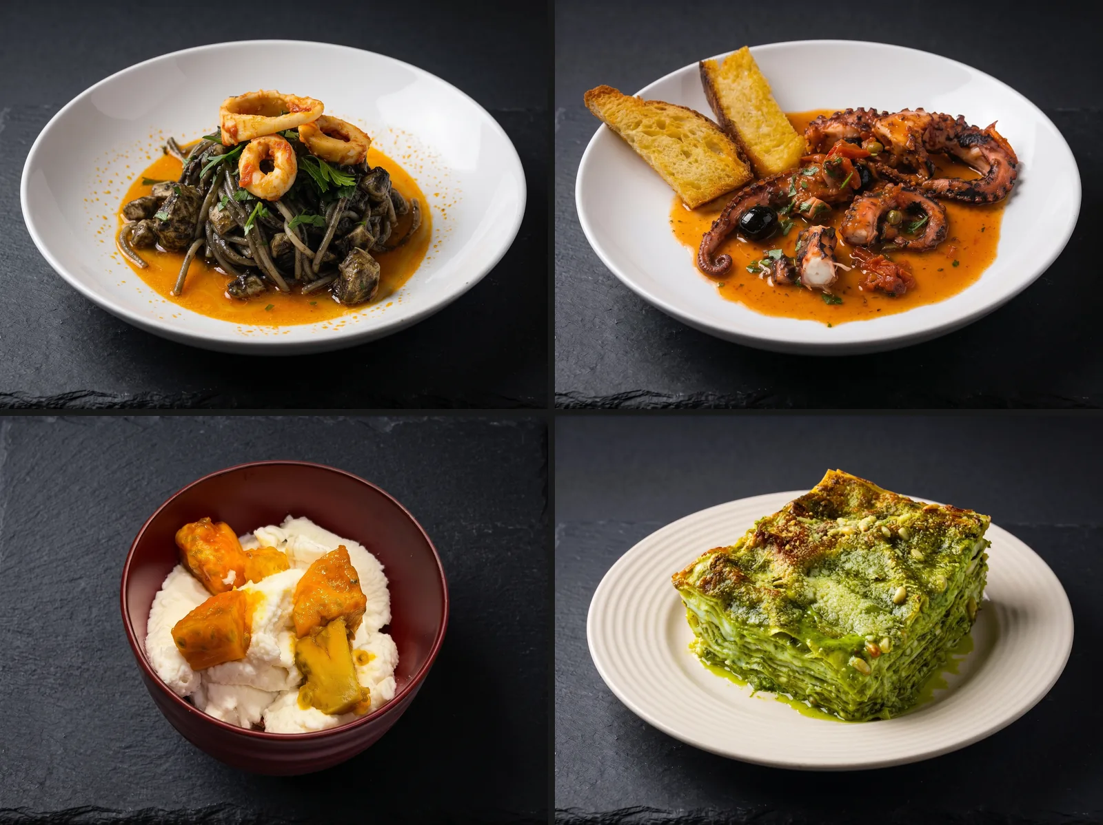 Catalogo di quattro piatti generato con Seedboard, tutti sullo stesso piano scuro e con la stessa luce: spaghetti al nero, polpo, ricotta e fichi d'india, lasagna al pesto