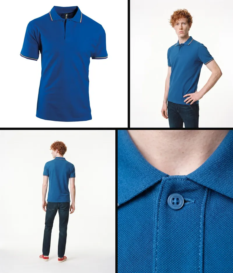 Foto per un ecommerce generate con Seedboard: dalla foto della polo alle immagini del modello AI che la indossa, fronte, retro e dettaglio del colletto, su sfondo bianco