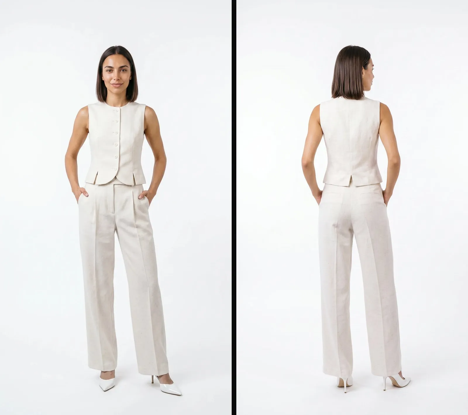Foto per un ecommerce con modella AI: lo stesso completo di fronte e di spalle, su sfondo bianco, come nella pagina in cui il cliente acquista
