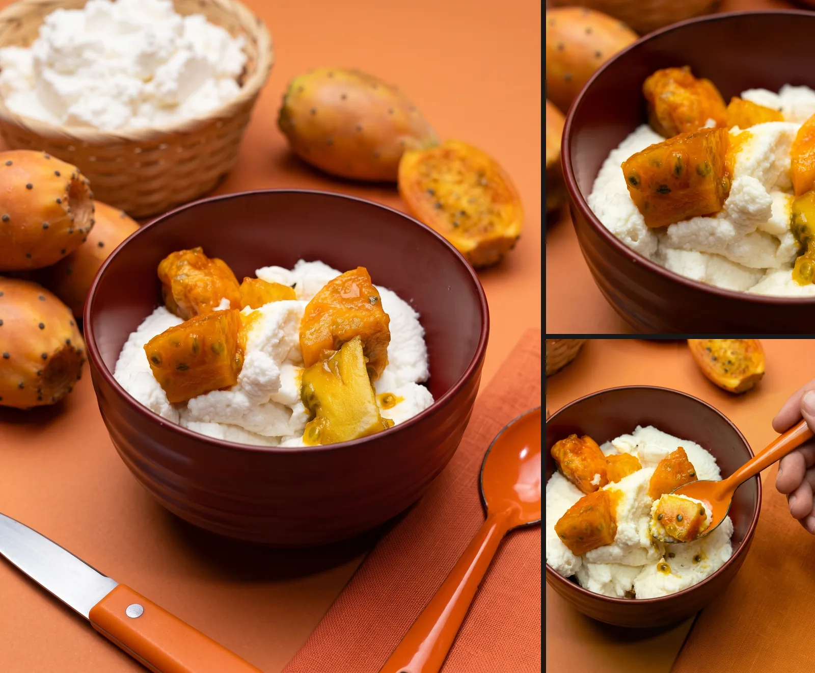 Il master shot di un piatto di ricotta e fichi d'india su fondo arancione e due inquadrature successive dello stesso set, la macro e il primo assaggio con il cucchiaio