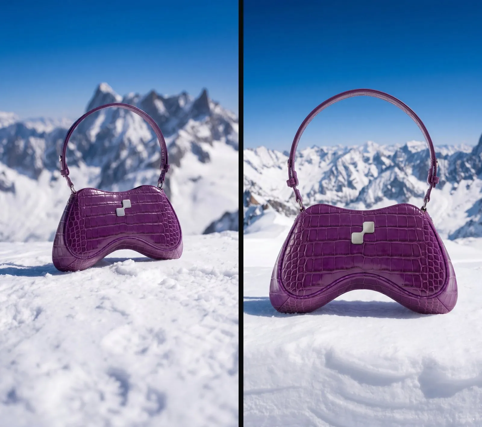 Foto di un prodotto per un ecommerce: la stessa borsa in due angolazioni coerenti per luce e ambientazione, generate da Seedboard