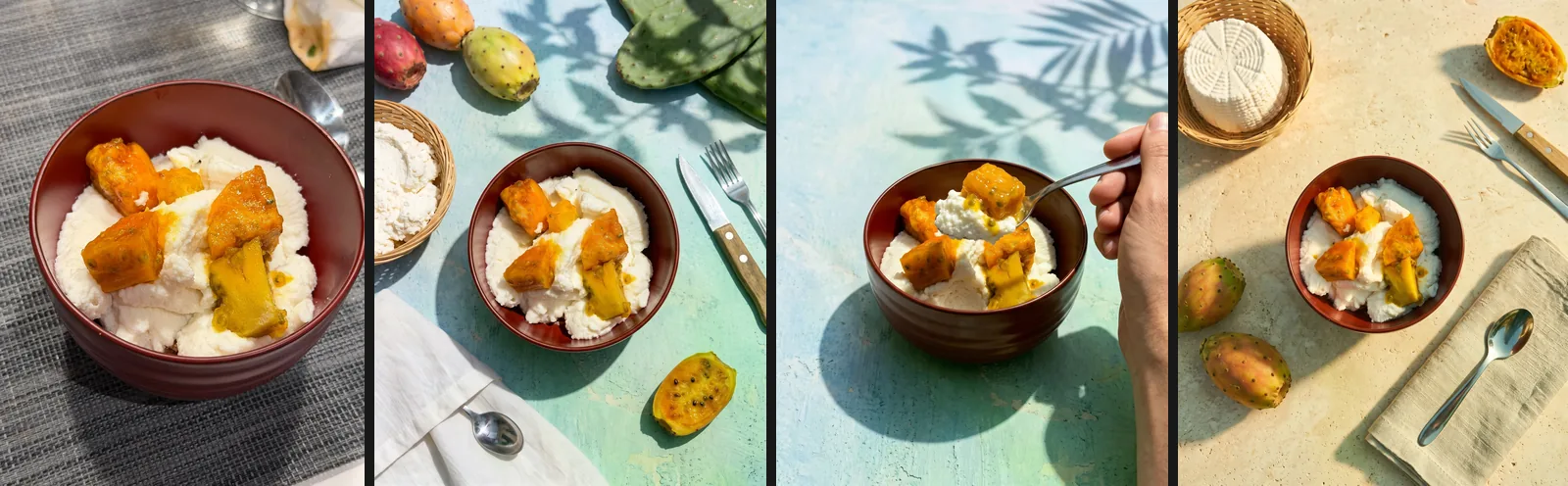 A sinistra la foto di un piatto di ricotta e fichi d'india scattata al ristorante, a destra tre fotografie dello stesso piatto generate da Seedboard