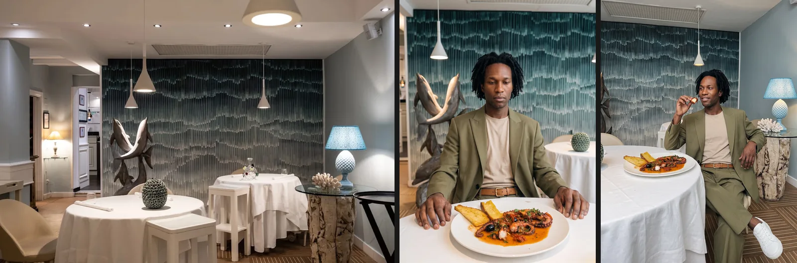 A sinistra la foto della sala di un ristorante caricata su Seedboard, a destra due scatti di un modello AI con un piatto di polpo ambientati nella stessa sala