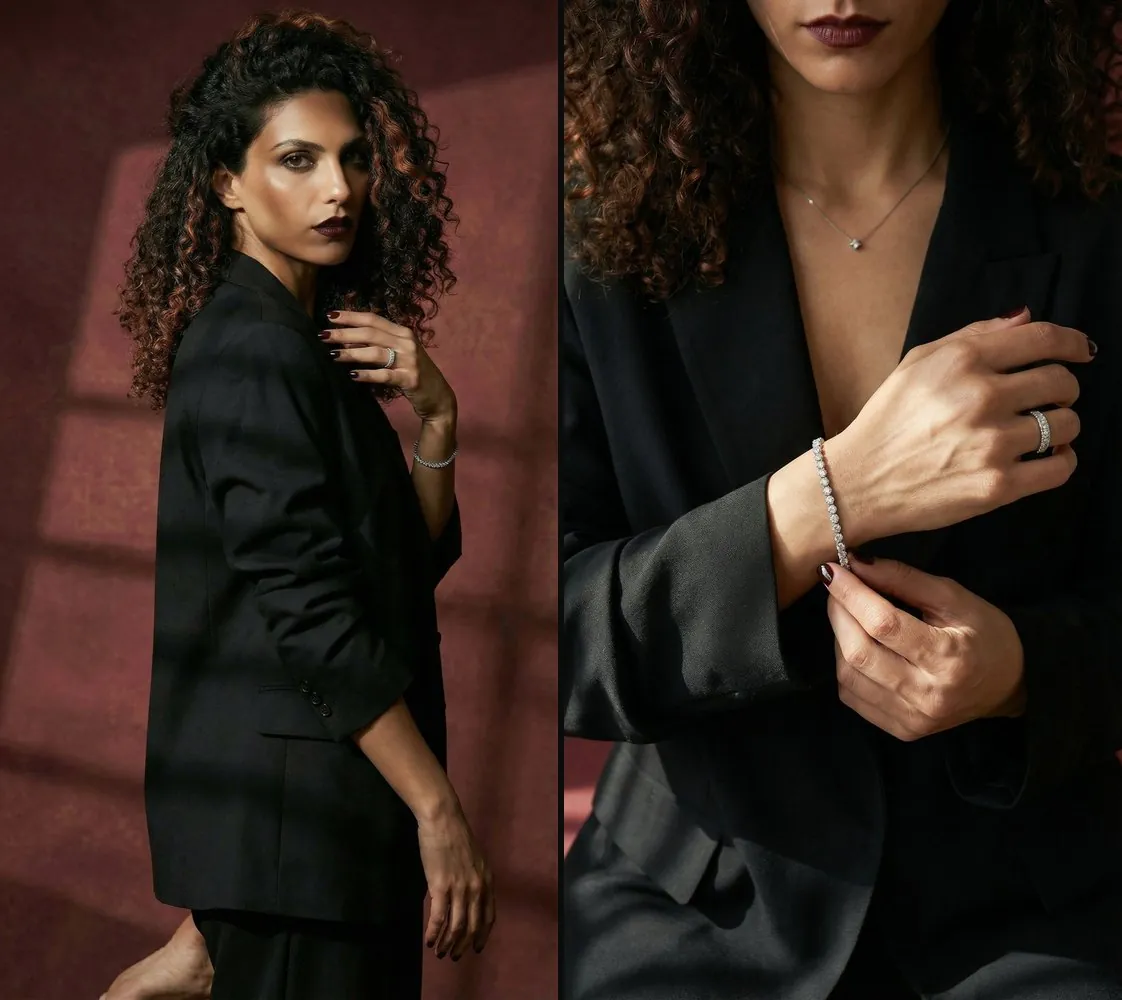 Immagini create con l'AI per vendere: la modella AI che indossa collana, bracciale e anello, in figura intera e nel dettaglio