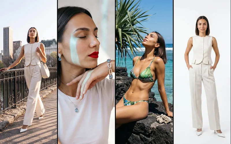Modelle AI create con Seedboard: la stessa modella in una campagna di moda in città, con gioielli, in costume al mare e in uno scatto da catalogo su sfondo bianco