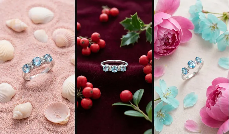 Fotografia still life, esempi: lo stesso anello in tre ambientazioni diverse, sabbia con conchiglie, velluto con bacche rosse e fiori, generate con Seedboard
