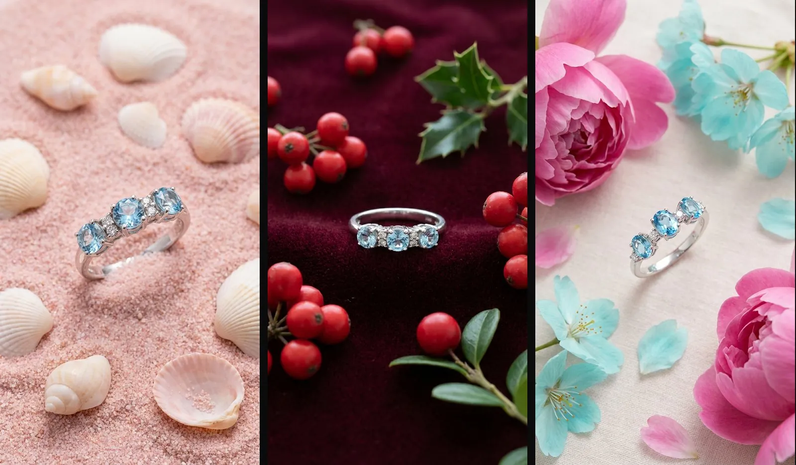 Fotografia still life, esempi: lo stesso anello in tre ambientazioni diverse, sabbia con conchiglie, velluto con bacche rosse e fiori, generate con Seedboard
