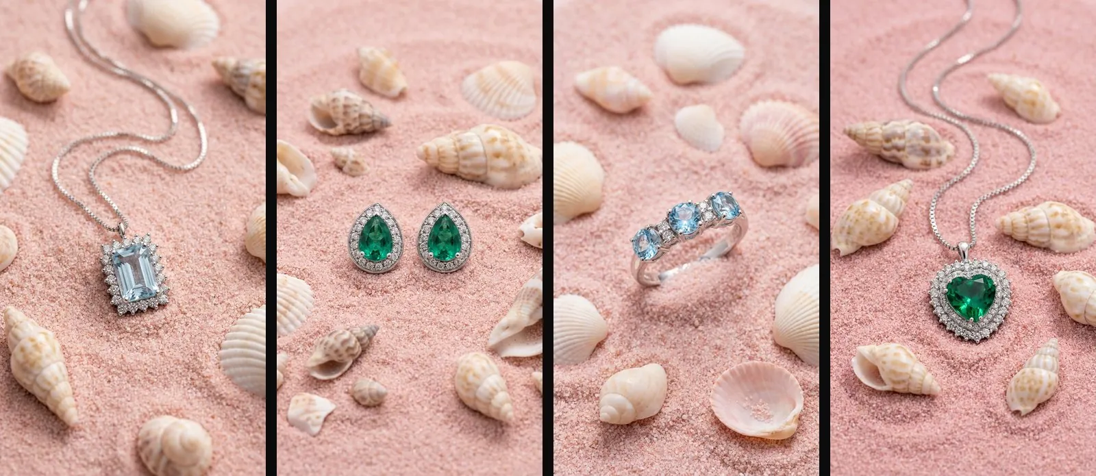 Collezione di gioielli in still life con lo stesso tema marino, sabbia rosa e conchiglie: ciondolo, orecchini, anello e collana con cuore, generata da Seedboard
